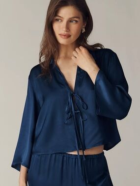 Anthropologie Maeve Long-Sleeve Silky Tie-Front Top navy blue size large